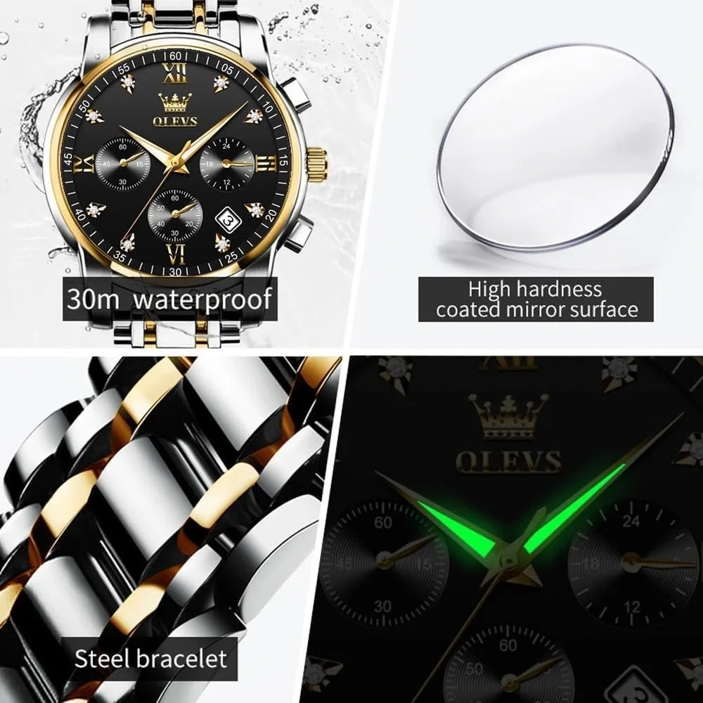 OLEVS Chronograph Watch Two Tone Silver Gold Black Dial Luxury 2858G New
